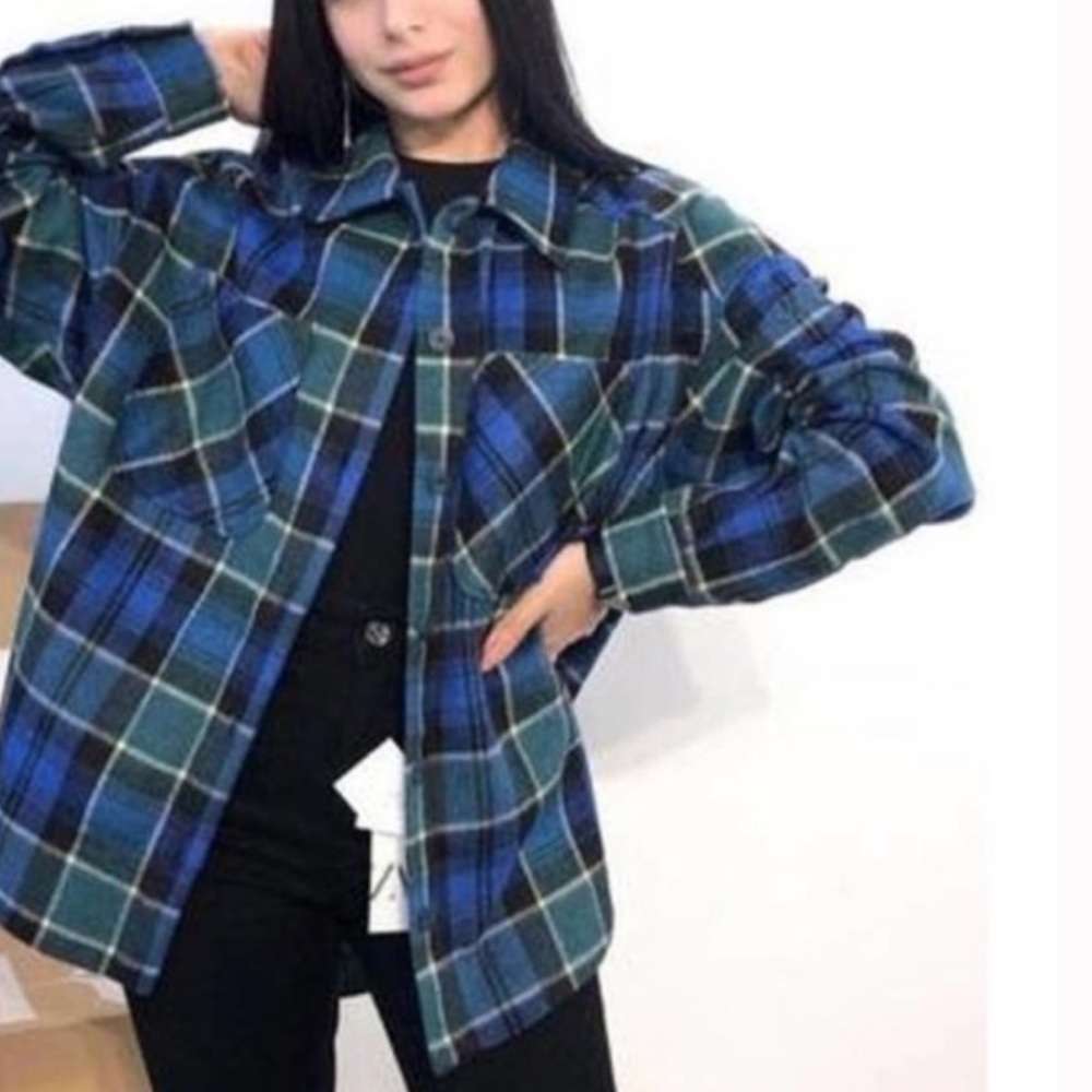 Zara NWT Blue Plaid Flannel Button Front Shirt size small